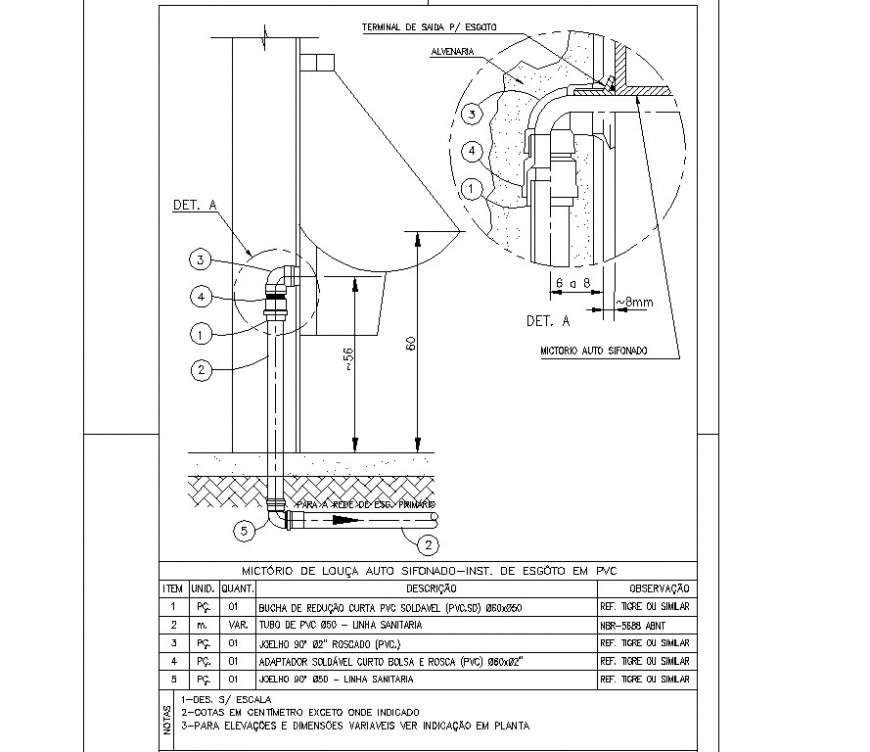 Urinal pipe fittings section autocad file
