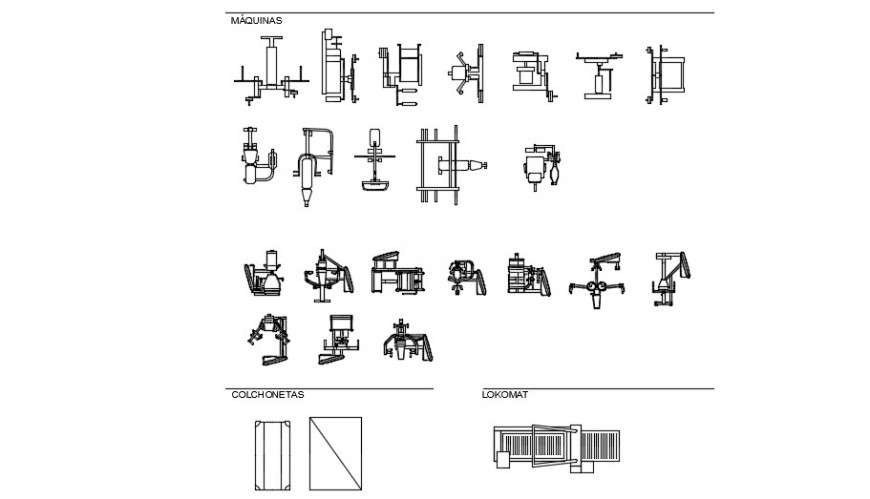 Various 2d blocks gym equipement detail dwg file