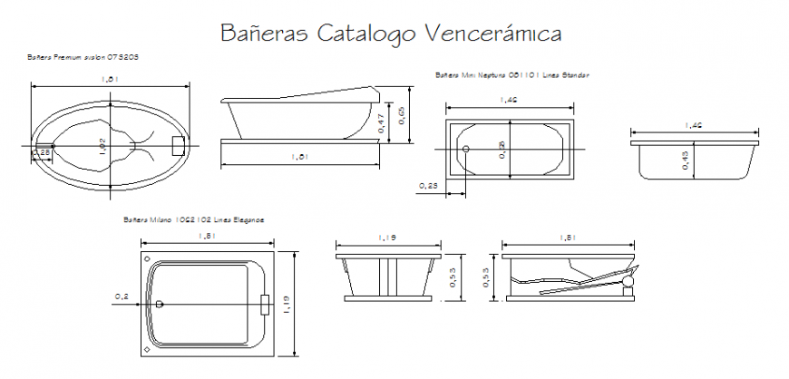 Various type of bath tubs drawing in dwg file
