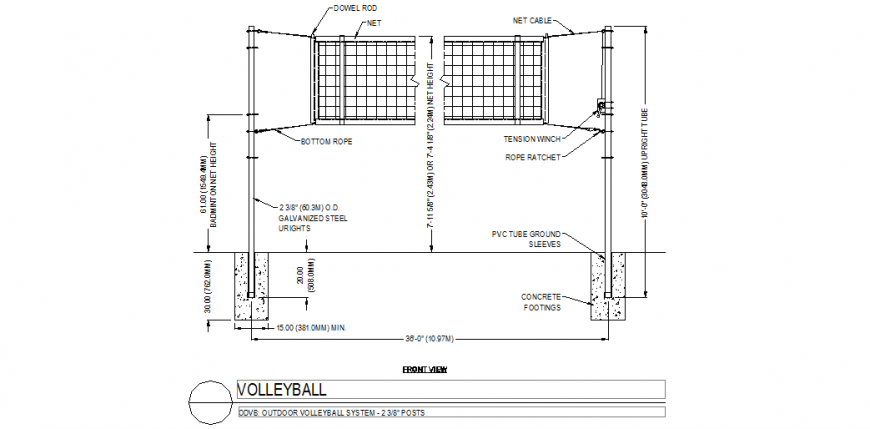 Volley-ball court outdoor plan detail dwg file