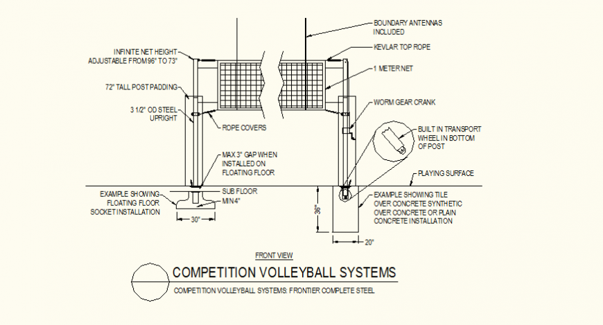 Volleyball court detail elevation dwg file