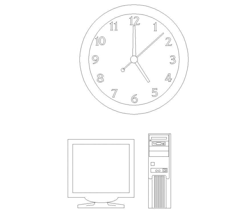 Wall clock and computer front elevation dwg file