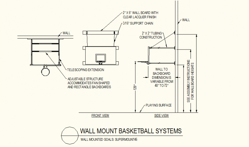 Wall mount basketball system detail plan and elevation detail dwg file