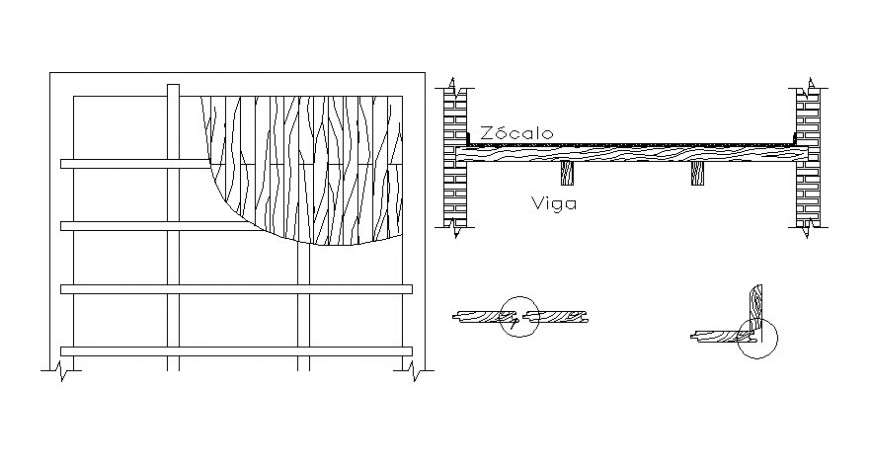 Wooden beam and brick wall details drawing 2d view autocad file