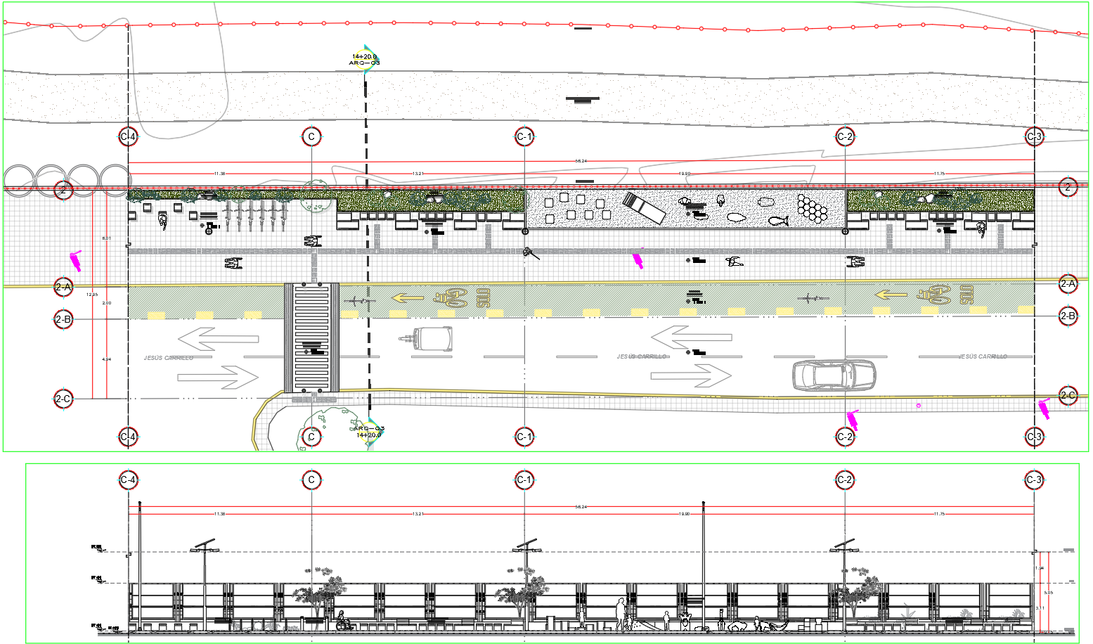 Urban road section CAD drawing with walkway and cycling path DWG